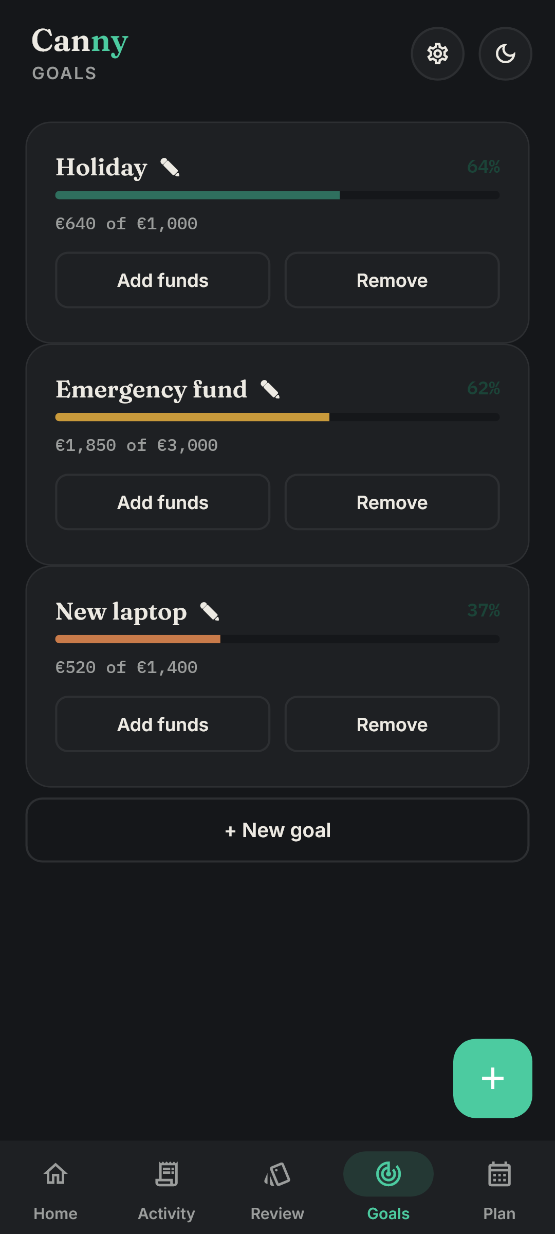 Canny's goals: Holiday fund at 64%, plus Emergency fund and New laptop, each with its own progress bar.